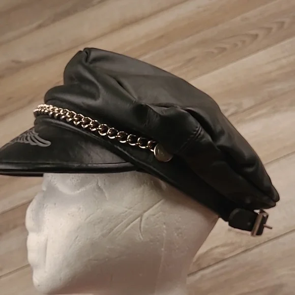 HARLEY DAVIDSON Black Leather Motorcycle Moto Captains Mens Hat Cap‎ VTG RARE